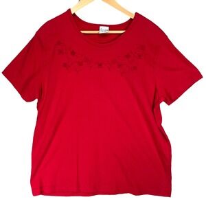 Cascade Blues Women's Red Floral‎ Embroidered Cottagecore Short Sleeve Top L 14